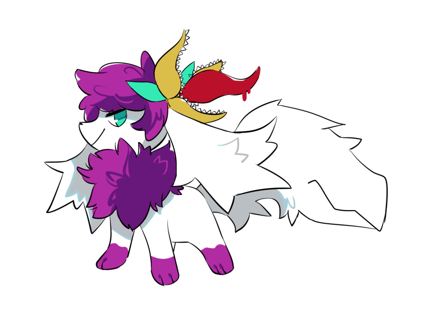 aishasoup ashley_(shaymin) blood bodily_fluids fangs feral flower fur green_eyes hair hi_res legendary_pok&eacute;mon long_ears male nintendo plant pok&eacute;mon pok&eacute;mon_(species) purple_body purple_fur purple_hair shaymin sky_forme_shaymin solo tail_mouth teeth tongue unusual_anatomy unusual_tail video_games white_body white_fur