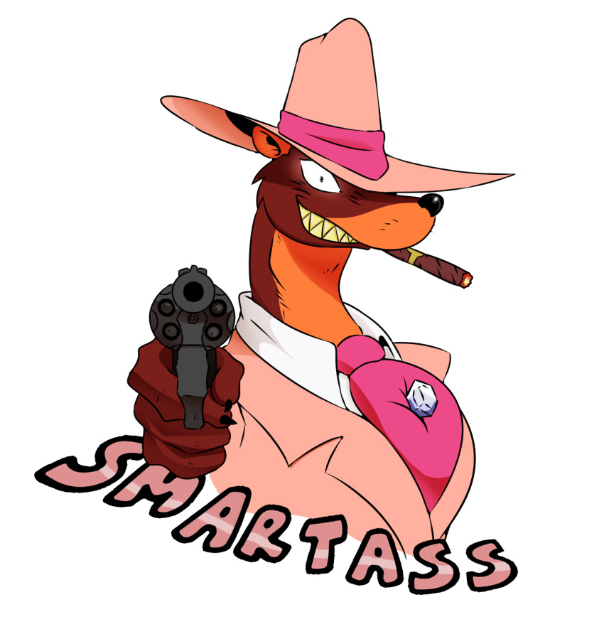 anthro cigar clothing disney glowing glowing_eyes gun hi_res looking_at_viewer male mammal mustela mustelid musteline pointing_gun pointing_gun_at_viewer ranged_weapon reagan700 showing_teeth smarty_weasel smile solo text true_musteline weapon who_framed_roger_rabbit