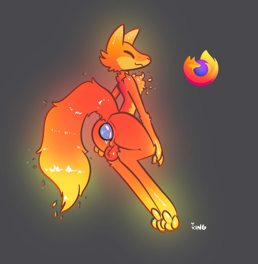 2021 anthro balls biped canid canine egg_in_ass egg_insertion eyes_closed firefox fox fur genitals glowing hi_res male mammal orange_body orange_fur paws rear_view simple_background solo xing_(artist)