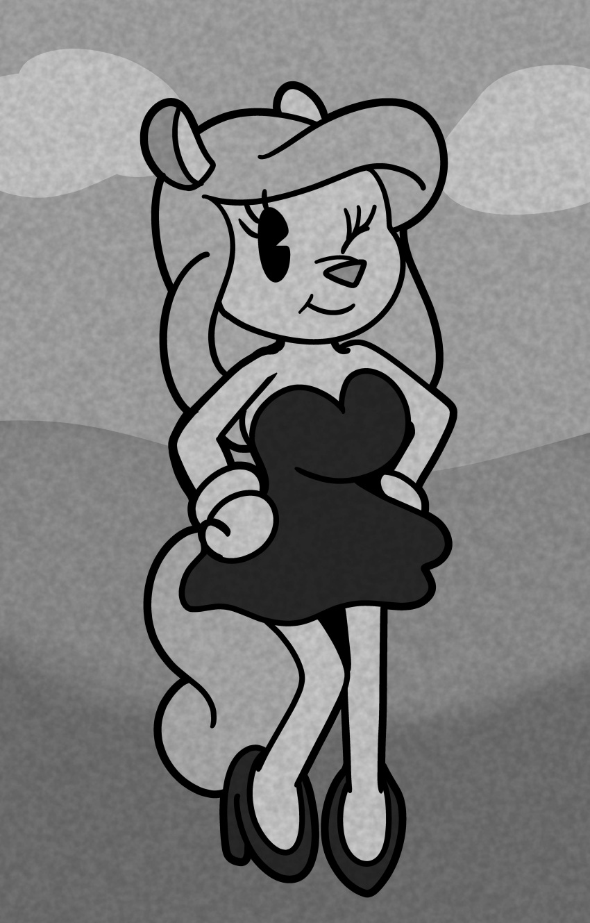 2021 4k absurd_res animaniacs anthro black_and_white clothing detailed_background digital_media_(artwork) dress eyelashes female fleischer_style_toon hair hands_on_hips hi_res high_heels long_hair long_tail looking_at_viewer mammal minerva_mink mink monochrome mustelid musteline one_eye_closed outside smile solo someth1ngoranother standing toony true_musteline warner_brothers wink winking_at_viewer