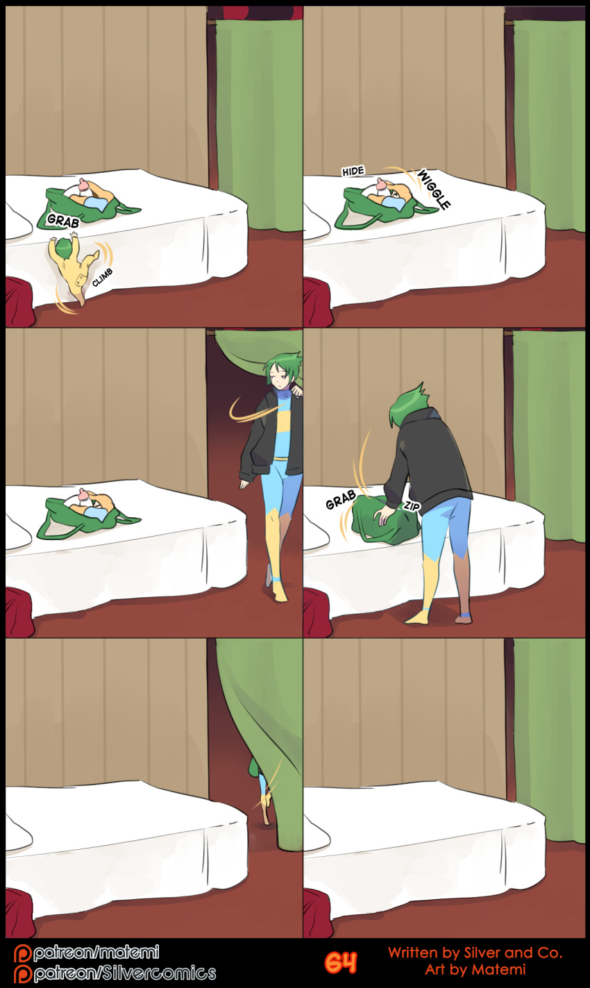 2021 bed bottle clothed clothing coat comic curtains duffel_bag english_text furniture gavin_(sirgallade) green_hair hair hi_res human male mammal matemi motion_lines pillow sir_gallade spandex text tight_clothing topwear uniform unitard