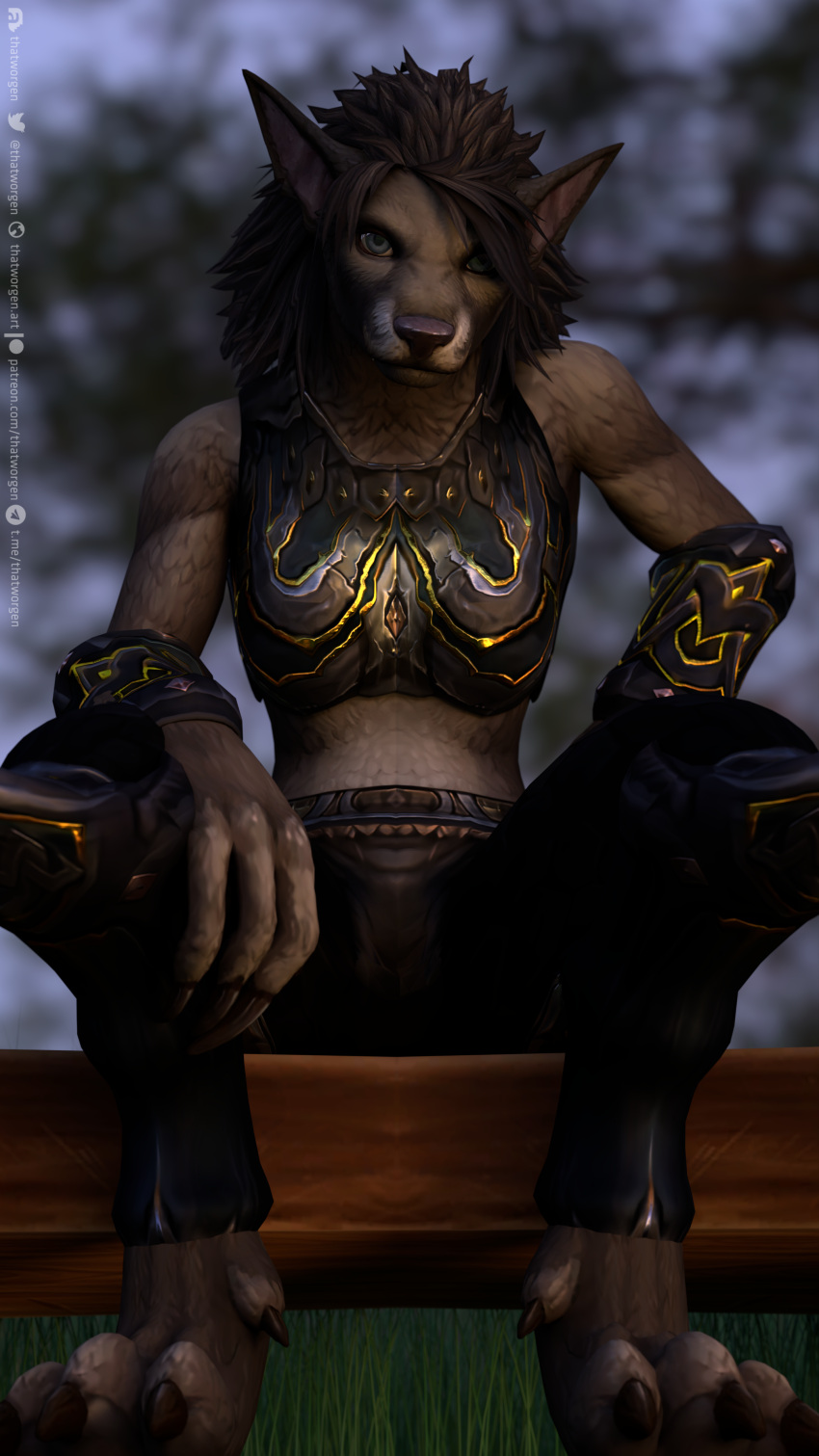 2021 3_toes 3d_(artwork) 3dsmax 4k 9:16 absurd_res anthro armor armwear black_hair black_nose blizzard_entertainment blue_eyes blurred_background brown_body brown_fur canid clothed clothing destiney_crawford_(thatworgen) digital_media_(artwork) digitigrade ears_back feet female fur grass hair hi_res legwear looking_at_viewer mammal pivoted_ears plant sitting solo text thatworgen toes url video_games warcraft watermark were werecanid worgen
