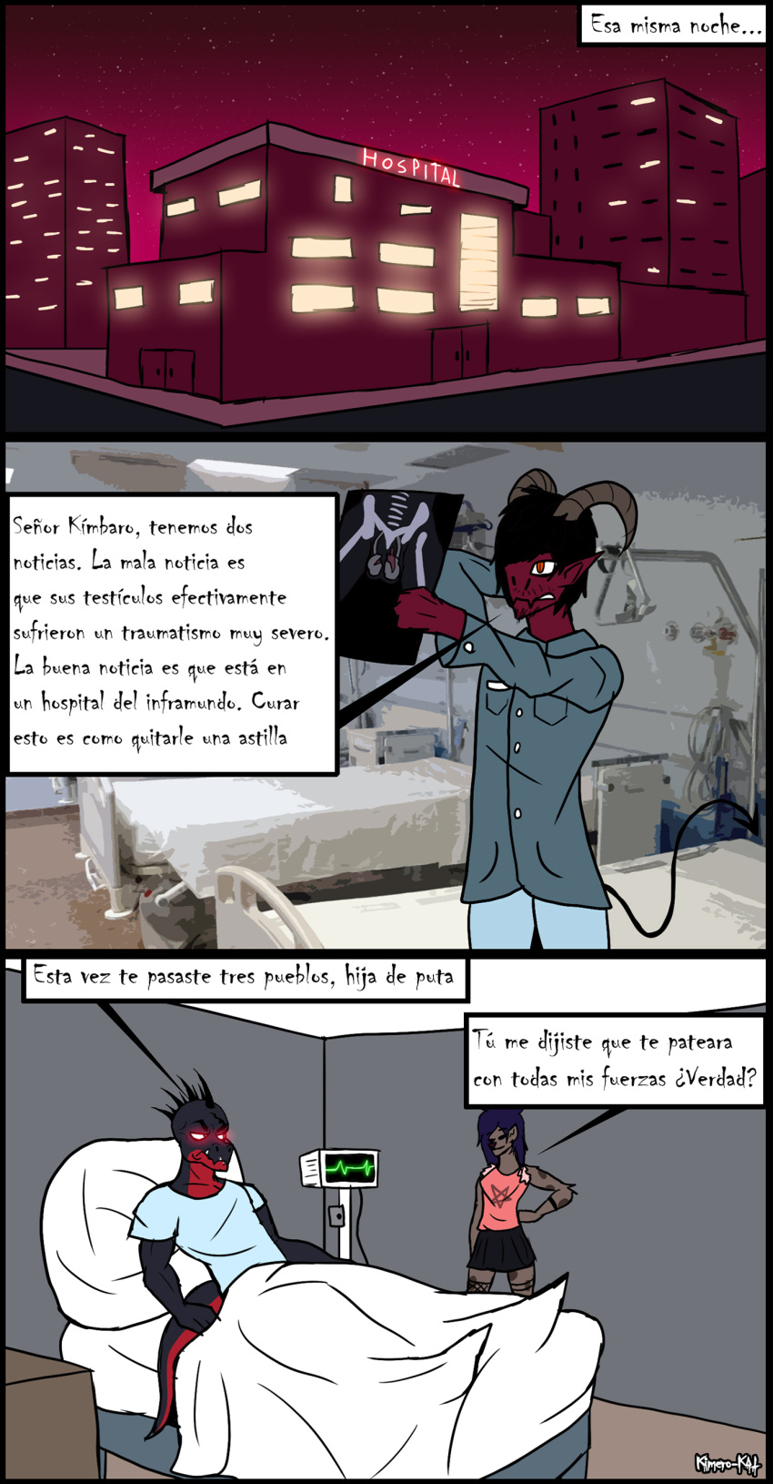 absurd_res anthro bed bedding black_hair blue_hair building clothed clothing cock_and_ball_torture demon detailed_background dinosaur doctor electrocardiogram female furniture genital_torture glowing glowing_eyes goth hair hi_res hira_(kimero_kat) horn hospital hospital_bed hospitalized humanoid hyaenid imp inside kimero_kat male mammal night reptile scalie spanish_text testicular_rupture text translated_description