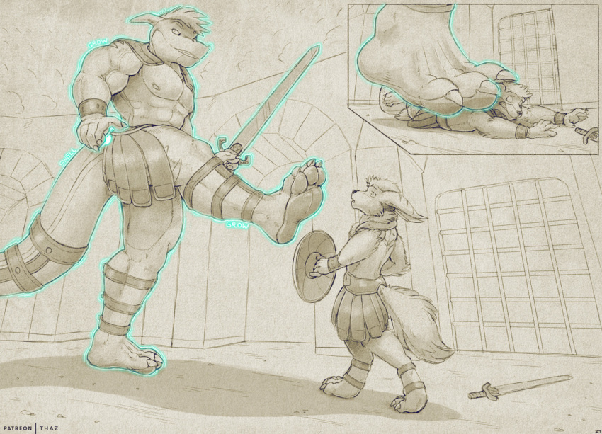 anthro armor canid canine clothing colosseum dominant dominant_male dragon duo feet fennec fox gladiator grin growth leather leather_armor leather_clothing lutz_(lutz-spark) magic male male/male mammal melee_weapon muscular nova_(derg-nova) pawpads paws power pteruges rome size_difference smile soles sword thaz_(artist) underfoot warrior weapon