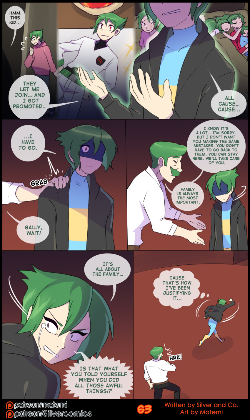 2021 :3 baby belt bodily_fluids bottomwear child clothed clothing coat comic crying english_text eyes_closed facial_hair footwear gavin_(sirgallade) geralt_(sirgallade) gina_(sirgallade) giorno_(sirgallade) gloria_(sirgallade) grace_(sirgallade) grant_(sirgallade) green_hair gwen_(sirgallade) hair hi_res human logo male mammal matemi motion_lines mustache nintendo open_mouth pants pok&eacute;mon red_eyes shirt shoes sir_gallade sleeping spandex sparkles sweat sweater team_rocket tears text tight_clothing topwear uniform unitard video_games young