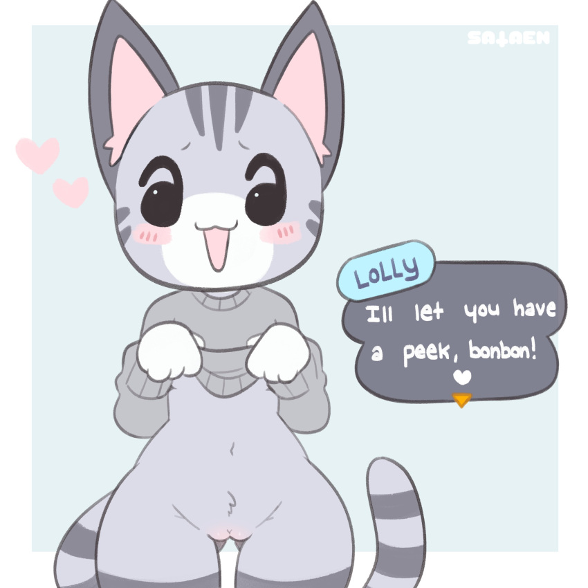 &lt;3 2021 4_fingers :3 absurd_res animal_crossing anthro black_body black_eyes black_fur blush bottomless butt_from_the_front cleft_of_venus clothed clothing clothing_lift cute_expression dialogue dialogue_box domestic_cat english_text felid feline felis female fingers fur genitals grey_body grey_clothing grey_fur grey_sweater grey_text_box grey_topwear header heart_after_text heart_box hi_res lolly_(animal_crossing) looking_at_viewer mammal markings multicolored_body multicolored_fur navel nintendo open_:3 open_mouth open_smile partially_clothed pussy sataenart simple_background smile solo standing striped_markings striped_tail stripes sweater sweater_lift tail_markings talking_to_viewer text text_box text_with_heart thigh_gap topwear video_games watermark white_body white_fur white_heart white_text wide_hips