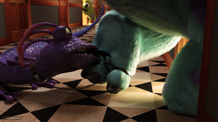 3d_(artwork) absurd_res abuse bdsm blender_(software) bondage bound caught claws digital_media_(artwork) disney duo feet foot_fetish foot_lick foot_on_chin foot_play hi_res hindpaw humanoid humiliation leash licking male male/male mike_wazowski monster monsters_inc paws pixar public randall_boggs stormrider sulley toe_curl toecuffs toes tongue tongue_out