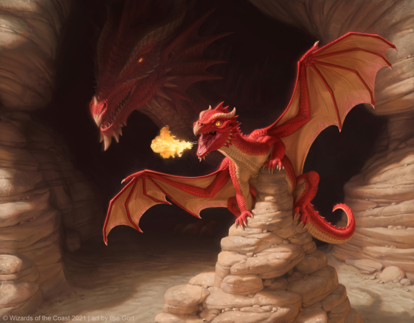 2021 ambiguous_gender breath_powers caraid cave chin_spikes claws countershade_torso countershading dragon duo elemental_manipulation facial_spikes feral finger_claws fire fire_breathing fire_manipulation hasbro long_neck long_tail magic:_the_gathering membrane_(anatomy) membranous_wings official_art open_mouth pupils red_body red_scales rock scales scalie shaded shadow sharp_teeth slit_pupils spikes spikes_(anatomy) spread_wings tan_body tan_scales teeth toe_claws tongue western_dragon wings wizards_of_the_coast yellow_eyes young