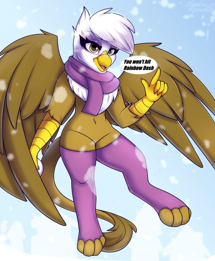 2021 anthro avian brown_body brown_fur clothing dialogue eyebrows eyelashes feathered_wings feathers female friendship_is_magic fur gesture gilda_(mlp) gryphon hi_res legwear looking_at_viewer my_little_pony mythological_avian mythology navel purple_clothing purple_legwear purple_thigh_highs raised_finger raised_index_finger scarf shadowreindeer snow solo tail_tuft thigh_highs toeless_legwear tuft white_body white_feathers wings winter yellow_eyes