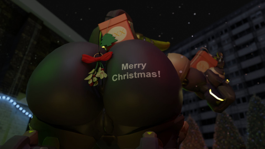 2020 anus big_butt blizzard_entertainment butt christmas detailed_background female genitals gift hi_res holidays huge_butt low-angle_view machine mistletoe omnic orisa_(overwatch) overwatch plant pussy rear_view robot snips456fur solo taur text tree video_games worm's-eye_view