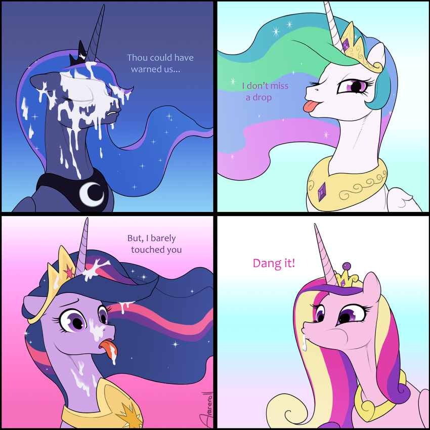 1:1 2021 arareroll bodily_fluids cum dialogue digital_media_(artwork) english_text equid equine eyelashes eyes_closed female feral friendship_is_magic genital_fluids hasbro hi_res horn looking_at_viewer mammal my_little_pony princess_cadance_(mlp) princess_celestia_(mlp) princess_luna_(mlp) purple_eyes text tongue tongue_out twilight_sparkle_(mlp) unicorn