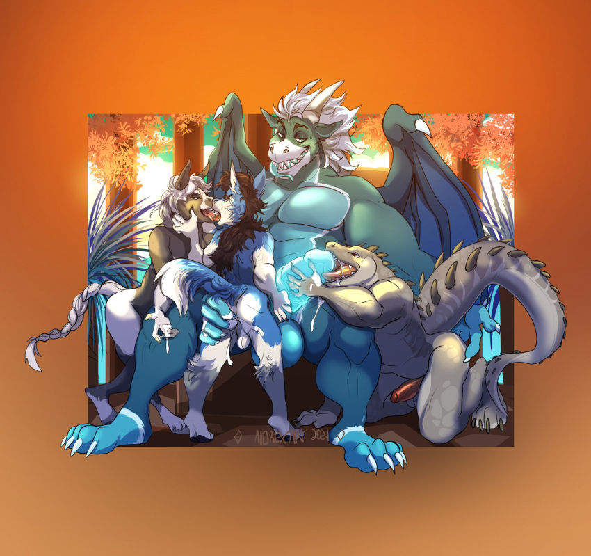 2021 4_toes 5_fingers alez_stolf alligator alligatorid allorexx anthro anthro_fingering_anthro anthro_on_anthro backsack balls blue_body blue_eyes blue_fur blue_tail blue_tongue bodily_fluids braided_tail cadek_(saintcadek) canid canine canis crocodilian cum digital_media_(artwork) drae_(saintcadek) dragon equid equine erection feet fingers forest fur genital_fluids genitals glans glowing glowing_genitalia glowing_penis grey_body grey_fur grey_skin grey_tail grin group hair hi_res horn horse interspecies kissing kneeling larger_male licking male male/male male_fingering_male mammal medial_ring membrane_(anatomy) membranous_wings nighdruth_(character) nude open_mouth open_smile oral outside penetration penile penis penis_lick pink_tongue plant red_eyes reptile saliva scalie sex signature sitting size_difference smaller_fingered smaller_male smaller_penetrated smile standing sweat toes tongue tongue_out tree white_hair white_tail wing_claws wings wolf