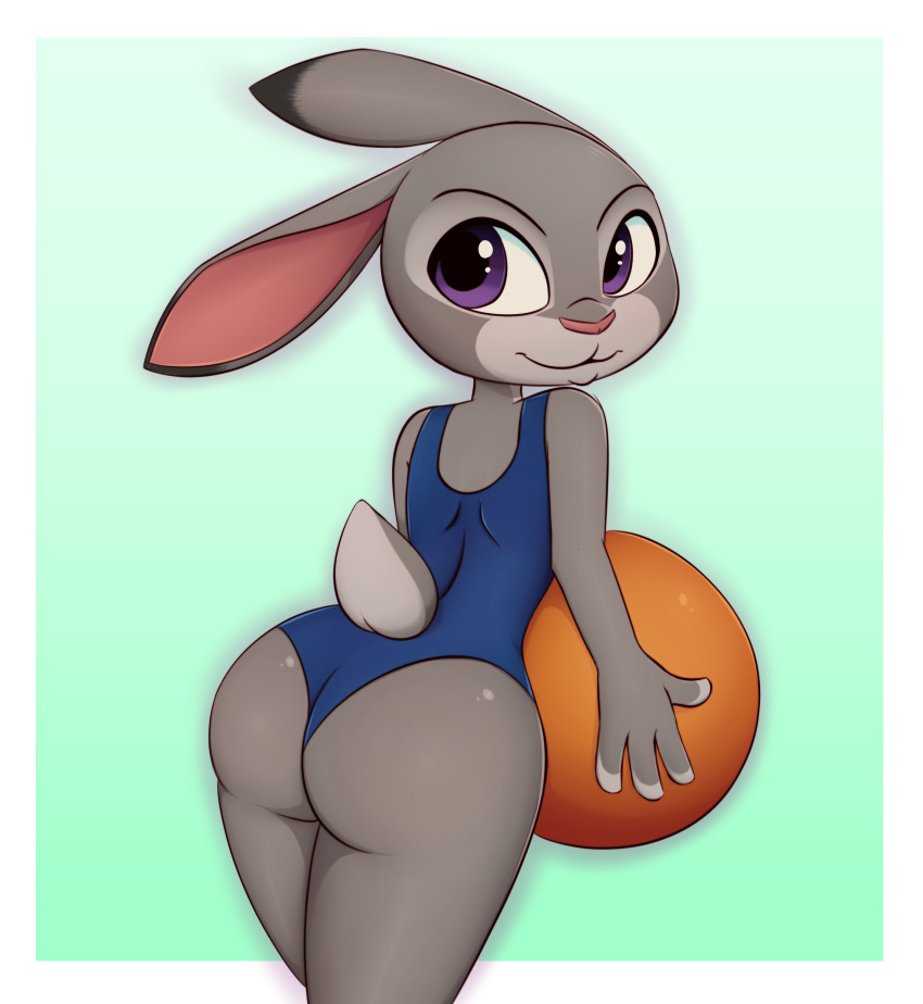 absurd_res anthro b0liy0 ball beach_ball butt clothing dipstick_ears disney female hi_res holding_object inflatable judy_hopps lagomorph leporid looking_at_viewer looking_back looking_back_at_viewer mammal multicolored_body multicolored_ears one-piece_swimsuit purple_eyes rabbit rear_view scut_tail short_tail simple_background solo swimwear two_tone_body zootopia