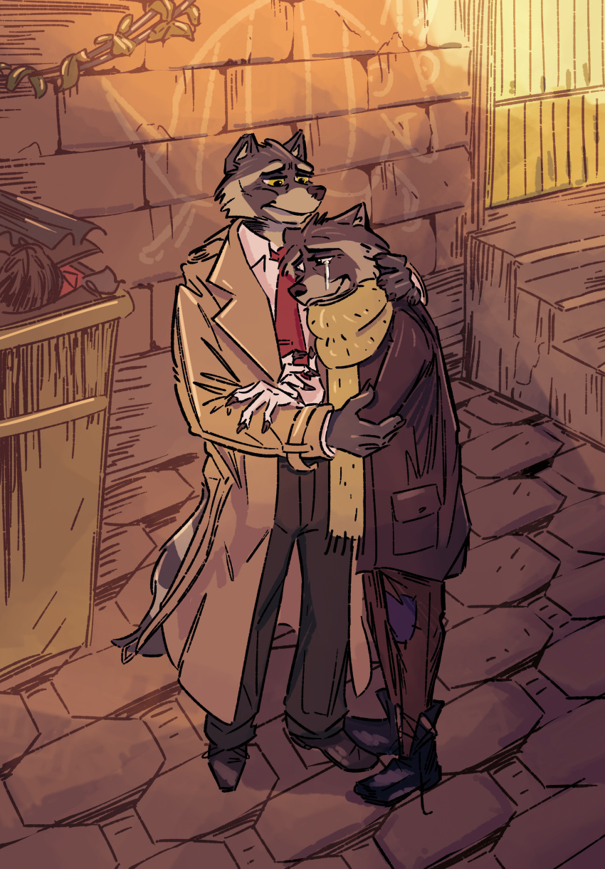 absurd_res alley backbone_(game) bodily_fluids clothing coat digital_media_(artwork) duo embrace hi_res howard_lotor hug jackiry larry_(backbone) male male/male mammal patchwork_clothing procyonid raccoon scarf solo tears topwear trash trenchcoat wholesome_hug