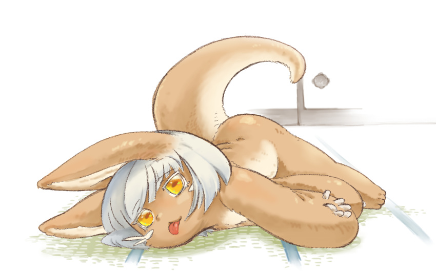 16:10 4_toes 5_fingers ambiguous_gender anthro biped brown_body brown_ears brown_fur brown_tail countershade_fur countershade_tail countershade_torso countershading detailed_background digital_media_(artwork) feet fingers fluffy front_view fur hair hi_res horizontal_pupils inside kemono lagomorph long_ears looking_at_viewer lying made_in_abyss mammal midori_no_iruka monotone_ears monotone_hair multicolored_body multicolored_fur nanachi narehate nude on_ground on_side orange_eyes pupils short_hair solo tan_body tan_countershading tan_fur tan_inner_ear tan_tail tatami toes tongue tongue_out two_tone_body two_tone_fur two_tone_tail whiskers white_hair widescreen