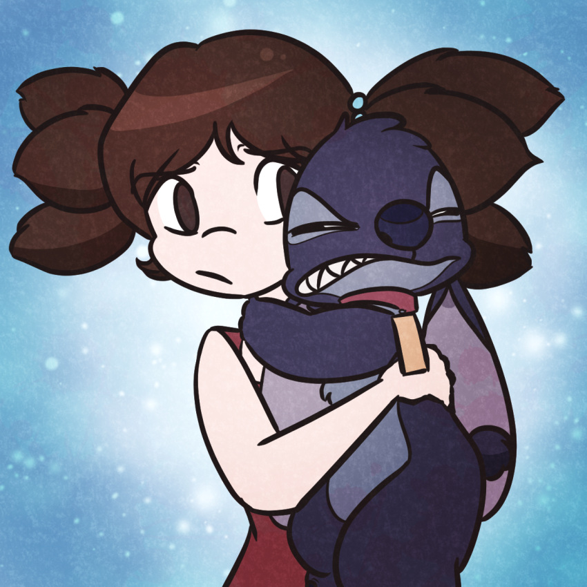 1:1 2021 alien ambiguous_gender angry blue_body blue_fur blue_nose brown_eyes brown_hair chest_tuft clenched_teeth clothed clothing collar digital_drawing_(artwork) digital_media_(artwork) disney duo ears_down embrace experiment_(lilo_and_stitch) female fur hair head_tuft hi_res hug human lilo_and_stitch looking_aside looking_at_another male_(lore) mammal narrowed_eyes pigtails pivoted_ears salty_nebula small_tail squint stitch! stitch_(lilo_and_stitch) teeth tuft yuna_kamihara