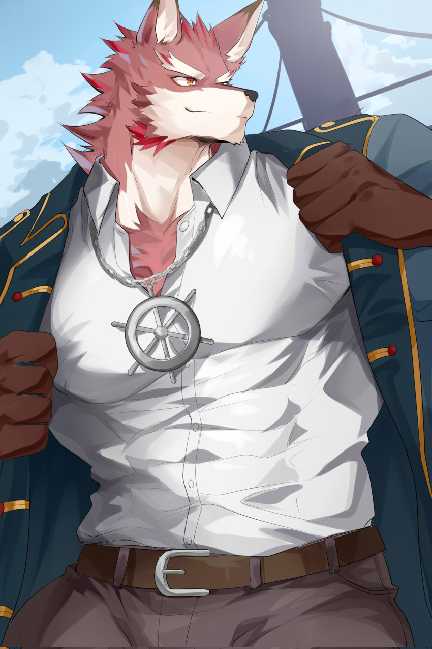 anthro body_hair canid canine chest_hair chest_tuft chung0_0 clothing diederich_olsen_(knights_college) digital_media_(artwork) fur hi_res knights_college male mammal muscular muscular_anthro muscular_male red_body red_fur teacher tuft video_games visual_novel