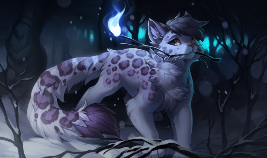 ambiguous_gender detailed_background eyebrows eyelashes felid feral forest fur hair hioshiru leopard mammal night outside pantherine plant snow solo tree