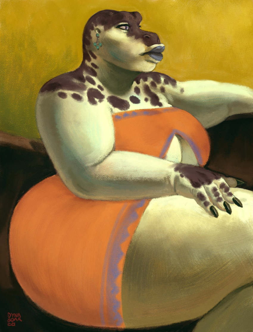 2021 anthro big_butt big_legs breasts brown_markings butt cleavage cleavage_cutout clothed clothing curvaceous curvy_figure dinosaur dress dyna_soar ear_piercing ear_ring eyelashes female furniture hand_on_leg hand_on_thigh hi_res lips lipstick makeup markings nails orange_clothing orange_dress overweight painting_(artwork) piercing portrait reptile saurian_(disambiguation) scales scalie side_view signature simple_background sitting sofa solo thick_lips thick_thighs traditional_media_(artwork) voluptuous voluptuous_female white_body white_scales