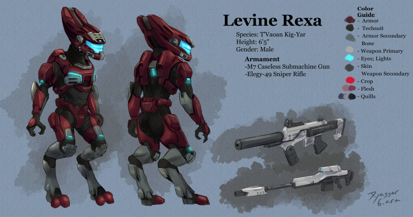 256:135 4k absurd_res akilae06 alien anthro armor clothing custom destiny_2 energy_shield english_text friendly gun halo_(series) hi_res kig-yar levine_rexa machine male microsoft model_sheet power_armor ranged_weapon rifle scalie sniper_rifle solo submachine_gun t'vaoan techsuit text video_games weapon xbox_game_studios