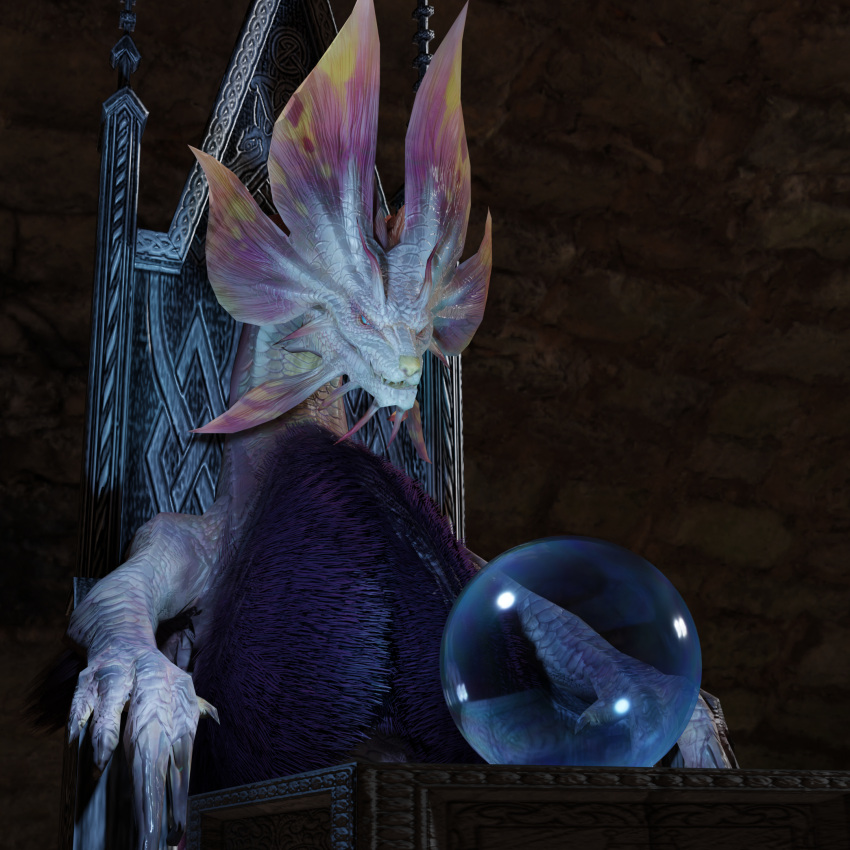 1:1 3d_(artwork) ambiguous_gender blue_eyes capcom chair claws crystal_ball digital_media_(artwork) dragon feral fluffy_chest fur furniture hi_res ivorylagiacrus leviathan_(mh) looking_at_object meme mizutsune monster_hunter pondering_my_orb purple_body purple_fur scales scalie sitting solo teeth video_games white_body white_nose white_scales