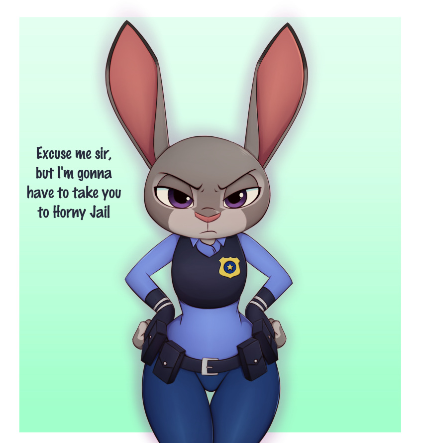anthro b0liy0 badge border clothed clothing dialogue disney english_text female frown fully_clothed go_to_horny_jail green_background hands_on_hips hi_res judy_hopps lagomorph leporid looking_at_viewer mammal meme police_uniform portrait purple_eyes rabbit simple_background solo text thigh_gap three-quarter_portrait uniform white_border wide_hips zootopia