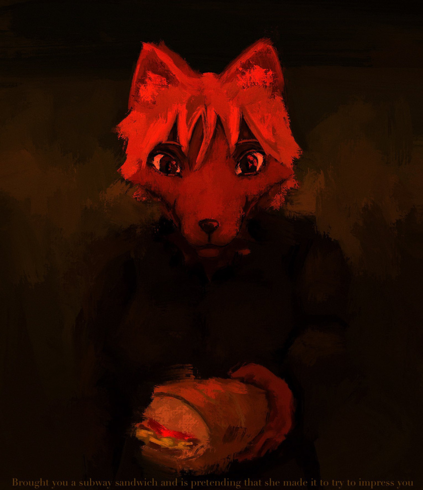 2021 anon2000000 anthro bangs black_nose breasts canid canine clothed clothing ear_tuft english_text female food fox fur hair hi_res holding_food holding_object inner_ear_fluff looking_at_viewer mammal red_body red_fur red_hair sandwich_(food) shirt smile solo subway_(restaurant) text topwear tuft