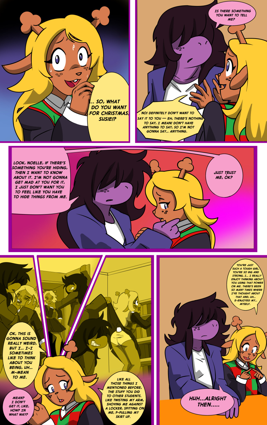 absurd_res anthro blush blush_lines cervid colored comic deltarune dialogues duo english_text female female/female food hi_res humanoid mammal monstrous_humanoid moon_pearl noelle_holiday succubi_samus susie_(deltarune) text undertale_(series) video_games