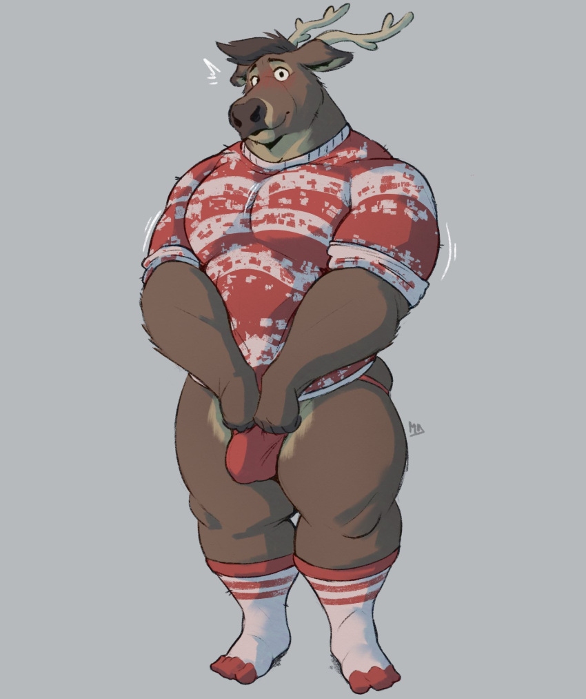 anthro big_muscles bovid bovine brown_body brown_fur brown_hair capreoline cervid clothed clothing footwear fur hair hi_res looking_at_viewer male mammal minedoo muscular reindeer shy simple_background socks sweater topwear underwear