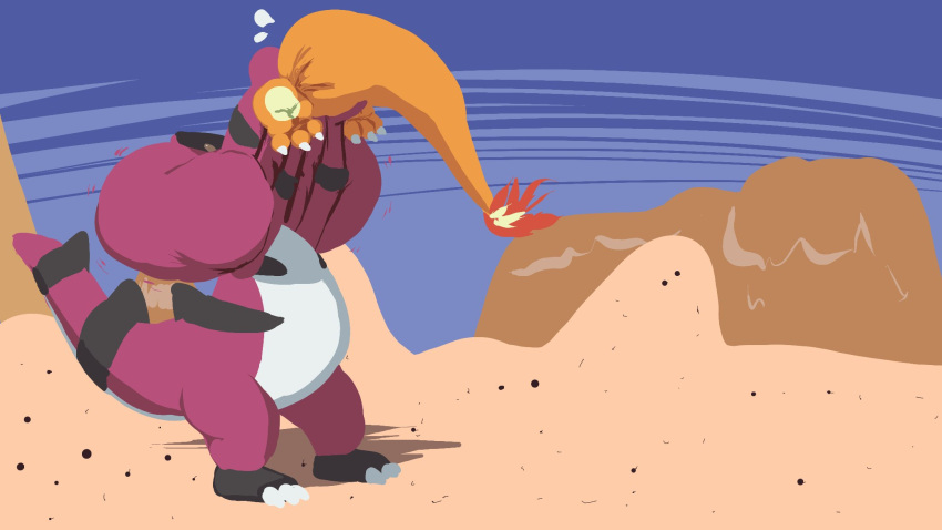 2021 3_fingers 3_toes ambiguous_gender ambiguous_pred ambiguous_prey anthro anthro_pred biped black_body black_scales bodily_fluids brown_body brown_scales charizard cheek_bulge claws crocodilian day desert detailed_background digital_media_(artwork) duo fangs featureless_crotch feet feral feral_prey finger_claws fingers fire flaming_tail head_first hi_res krookodile motion_lines multicolored_body multicolored_scales nintendo nude oral_vore outside plantigrade pok&eacute;mon pok&eacute;mon_(species) reptile same_size_vore sand scales scalie semi-anthro shaded side_view sky snout standing struggling swallowing sweat sweatdrop tehsquishyray toe_claws toes unwilling_vore video_games vore white_body white_scales