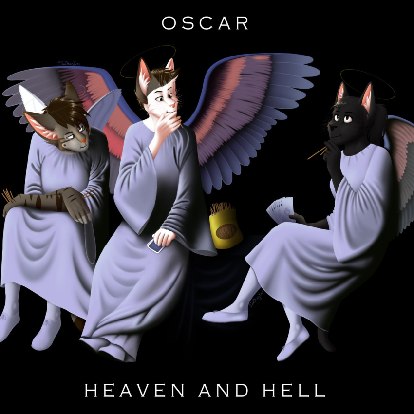1:1 2021 album_cover alternate_species angel anthro black_background black_body black_eyes black_fur black_hair black_nose black_sabbath blue_robe card clothing cover domestic_cat feathered_wings feathers felid feline felis fur furrification grey_body grey_fur group hair heaven hell hi_res male mammal parody pink_nose playing_card robe simple_background sm0keyxxx text white_body white_fur white_text winged_cat wings