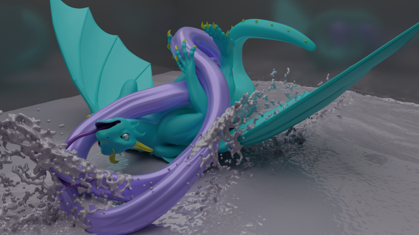 16:9 3d_(artwork) 4_toes 4k absurd_res big_penis blue_body blue_wings bodily_fluids claws cum cum_bath digital_media_(artwork) dragon excessive_cum feet feral genital_fluids genitals hi_res horn huge_penis hyper hyper_genitalia hyper_penis lying male membrane_(anatomy) membranous_wings multi_genitalia nystemy_(artist) nystemy_(character) on_back paw_on_penis penis prehensile_penis purple_penis raytraced solo toes tongue tongue_around_penis tongue_out widescreen wings yellow_claws yellow_horn