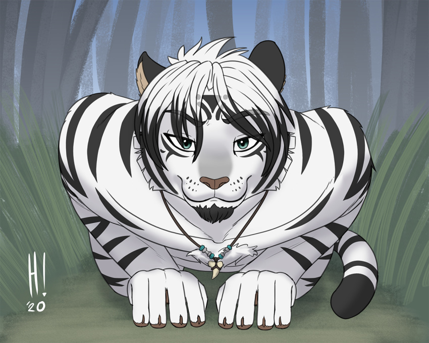 5:4 anthro casual_nudity crouching felid forest fur harry_campbell heresy_(artist) looking_at_viewer mammal muscular outside pantherine plant stripes tiger tree white_body white_fur