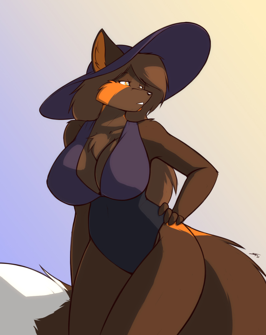 anthro big_breasts big_hat big_tail biped black_nose blue_background breasts brown_body brown_ears brown_fur brown_hair brown_tail canid canine cheek_tuft chest_tuft cleavage clothed clothing curvaceous curvy_figure digital_media_(artwork) eyelashes facial_tuft female fingers fluffy fluffy_tail fox front_view fully_clothed fur gradient_background hair half-closed_eyes hand_on_hip hat headgear headwear hi_res huge_breasts humanoid_hands inner_ear_fluff long_hair looking_away mammal miriam_(starfighter) monotone_ears monotone_hair multicolored_body multicolored_fur multicolored_tail narrowed_eyes one-piece_swimsuit orange_body orange_eyes orange_fur orange_inner_ear orange_inner_ear_fluff orange_tail pinup portrait pose purple_clothing purple_hat purple_headwear purple_swimwear simple_background snout solo standing starfighter sun_hat swimwear thick_thighs three-quarter_portrait three-quarter_view tuft voluptuous white_body white_fur white_tail wide_hips yellow_background