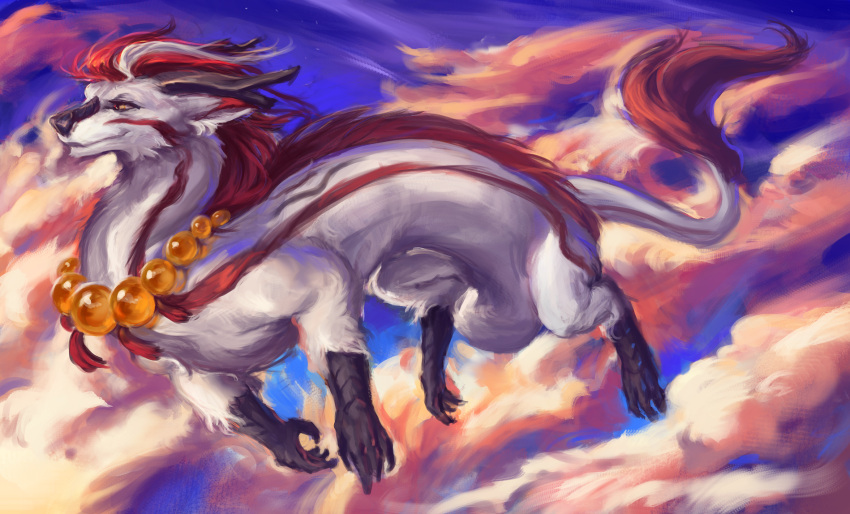 ambiguous_gender beads claws cloud dragon elkaart flying fur furred_dragon hi_res horn sky solo