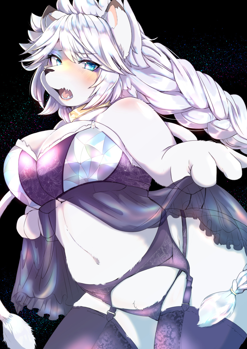 2021 4_fingers absurd_res anthro big_breasts blue_eyes blush braided_hair breasts cleavage clothed clothing clothing_lift curvy_figure felid female fingers fur garter_belt garter_straps hair hi_res huge_breasts kemono legwear lingerie lion long_hair looking_at_viewer mammal navel open_mouth pantherine shikibetsuko solo stockings teeth tongue voluptuous white_body white_fur white_hair