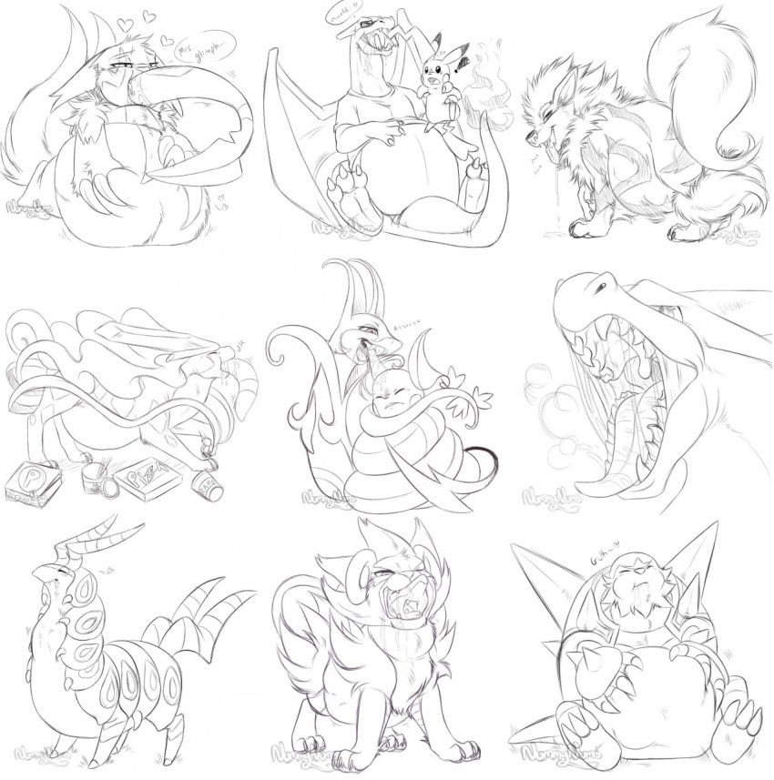 3_toes abdominal_bulge ambiguous_gender anthro arcanine belly bodily_fluids canid canine chesnaught claws coiling drooling duo eyes_closed fangs feet feet_first felid feral front_view fur head_in_mouth hi_res legendary_pok&eacute;mon lucario luxray mammal mane monochrome neck_bulge nintendo nummynumz one_eye_closed open_mouth oral_vore paws pikachu pok&eacute;mon pok&eacute;mon_(species) raichu saliva scolipede serperior seviper sharp_teeth simple_background solo_focus suicune swallowing tartii teeth throat_hug toe_claws toes tongue video_games vore white_background zangoose