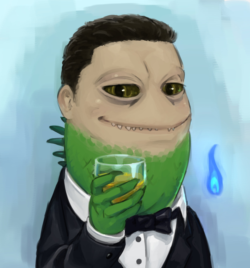 2021 5_fingers absurd_res animal_humanoid beverage black_tie_(suit) blouse bow_tie brown_eyes brown_hair bust_portrait claws clothed clothed_male clothing digital_drawing_(artwork) digital_media_(artwork) fingers fully_clothed green_body green_scales hair hi_res holding_beverage holding_object humanoid iguanid lizard looking_at_viewer male napalm_(character) napalm_express pale_skin portrait reptile reptile_humanoid scales scalie scalie_humanoid sharp_teeth short_hair simple_background smile solo suit teeth topwear