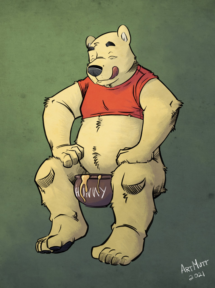 2021 anthro black_nose clothing disney eyes_closed food hi_res honey_(food) humanoid_hands k-9 male mammal overweight overweight_male pooh_bear shirt simple_background sitting solo topwear ursid winnie_the_pooh_(franchise)