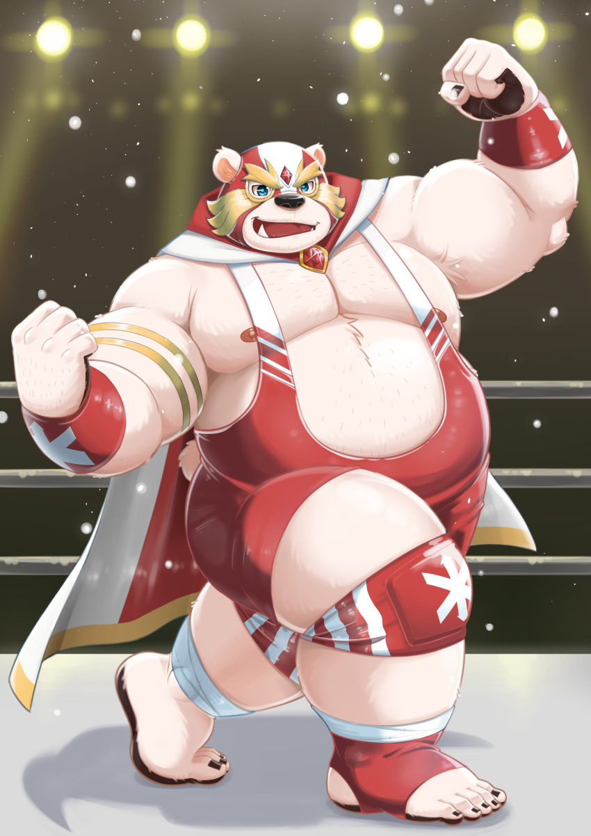 2021 absurd_res anthro aotoaka belly fighting_ring hi_res humanoid_hands inside kemono male mammal mask moobs nipples overweight overweight_male polar_bear solo ursid ursine whtie_fur wrestling_singlet