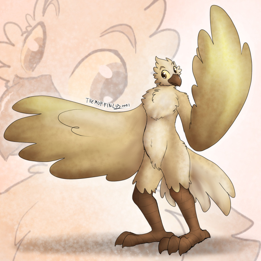 1:1 2021 4_toes anisodactyl anthro avian beak biped bird bird_feet brown_eyebrows brown_eyes claws dated digital_media_(artwork) digitigrade doodles_(themuffinly) eyebrows feather_hands feathered_wings feathers featureless_crotch feet front_view full-length_portrait grey_beak grey_claws looking_at_viewer male nude portrait scutes shaded shadow signature simple_background solo tail_feathers tan_background tan_body tan_feathers themuffinly toe_claws toes wings yellow_sclera