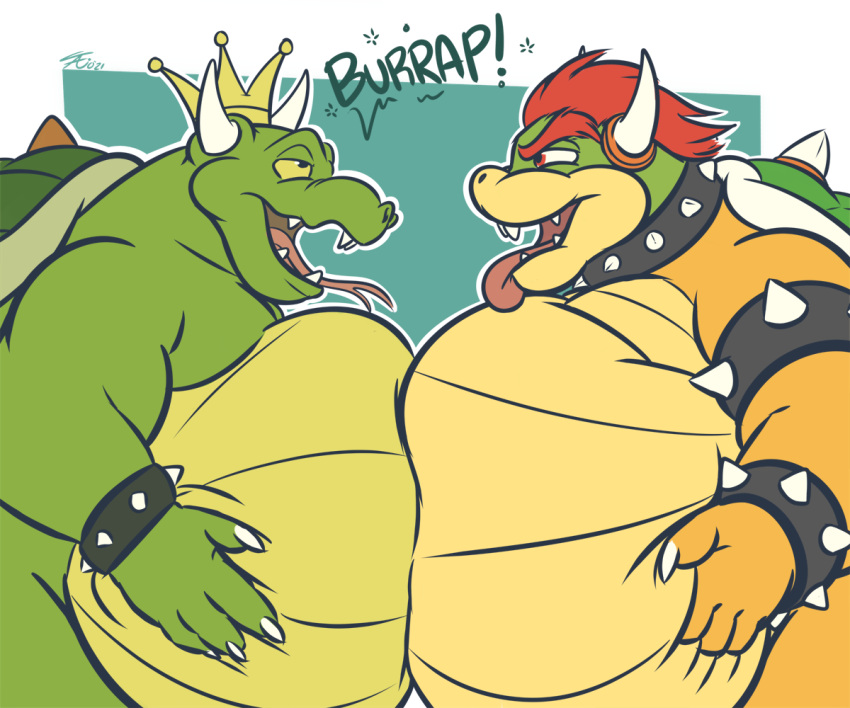 2021 2_horns 4_fingers 6:5 anthro armband belly big_belly black_eyebrows black_eyes bowser bracelet burping claws collar crown digital_media_(artwork) duo eyebrows finger_claws fingers flat_colors forked_tongue green_body green_scales hair hand_on_stomach holding_belly horn jewelry king king_koopa koopa male mario_bros multicolored_body multicolored_scales narrowed_eyes nintendo nude obese obese_anthro obese_male open_mouth open_smile overweight overweight_anthro overweight_male pink_tongue red_eyebrows red_eyes red_hair reptile royalty scales scalie shell smile sound_effects spiked_armband spiked_bracelet spiked_collar spiked_shell spikes spikes_(anatomy) tan_body tan_scales tanio tongue tongue_out video_games white_claws yellow_body yellow_scales yellow_sclera