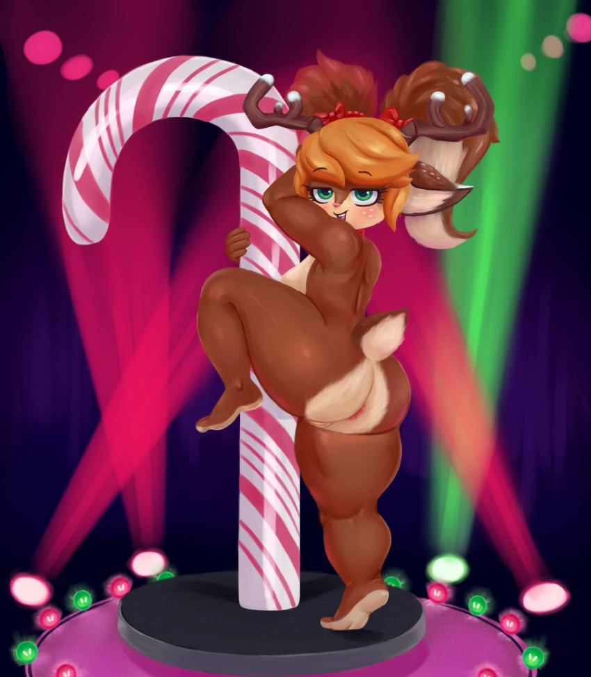 2021 absurd_res accessory anthro antlers anus big_anus big_breasts big_butt blonde_hair blush breasts brown_body brown_fur butt candy candy_cane cervid cervine dancing dessert eyebrows female female_focus food fur genitals grabbing_pole green_eyes hair hair_accessory hair_bow hair_ribbon hand_behind_head hi_res hiked_leg horn league_of_legends looking_at_viewer mammal nebssik nude pink_anus pink_pussy pole pole_dancing poppy_(lol) pussy raised_eyebrows raised_leg ribbons riot_games snow_fawn_poppy_(lol) solo solo_focus spot_lights standing stripper_pole thick_thighs video_games wide_hips wide_thighs