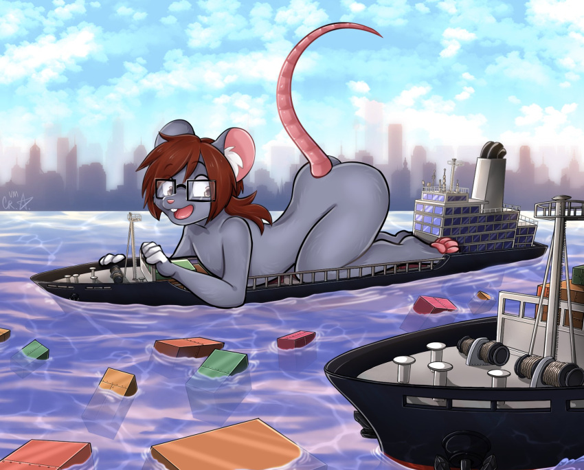 anthro back_arch boat butt eyewear glasses hi_res humanoid macro male mammal mouse murid murine nude rodent shingo_(threes_axelred) solo vehicle villmix watercraft