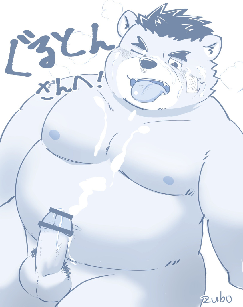 2021 after_masturbation anthro balls belly blush erection genitals hi_res humanoid_genitalia humanoid_penis japanese_text kemono male mammal moobs nipples overweight overweight_male penis simple_background solo text tongue tongue_out ursid zuboboz