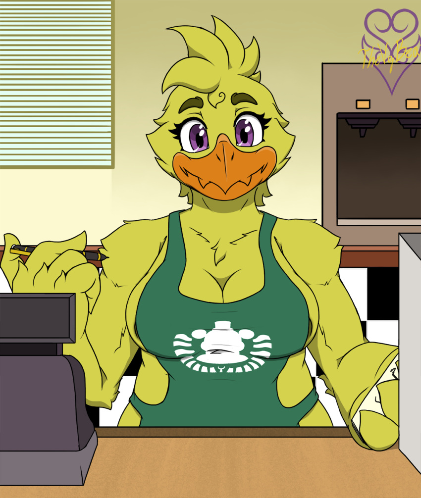 2021 4_fingers android anthro anthrofied apron apron_only avian beak belly big_breasts bird breasts chica_(fnaf) chicken clothing eyebrows eyelashes feathers female fingers five_nights_at_freddy's galliform gallus_(genus) half_naked hi_res holding_notebook holding_object holding_pen i_mean_breast_milk lagomorph looking_at_viewer machine mammal meme mostly_nude nipples non-mammal_breasts nude orange_beak overweight overweight_anthro overweight_female pen phasianid purple_eyes robot smile thevgbear video_games wide_hips winged_arms wings yellow_body yellow_feathers yellow_nipples yellow_pubes