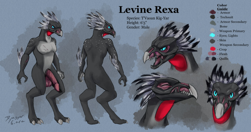 absurd_res akilae06 alien angry anthro balls curious feather_hair feathers genitals halo halo_(series) hi_res kig-yar levine_rexa male microsoft model_sheet penis pleased pseudo_hair scalie scar solo t'vaoan video_games xbox_game_studios