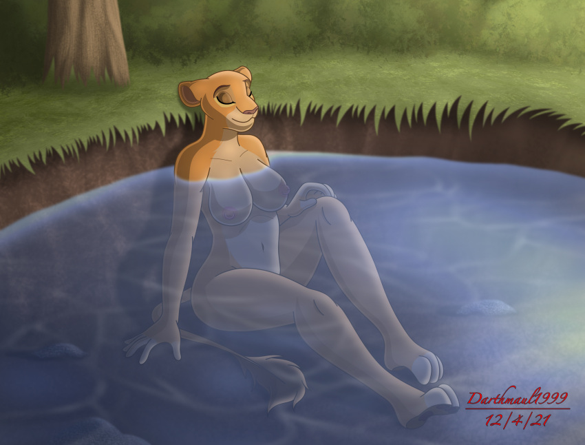 2021 absurd_res anthro anthrofied bathing breasts darthmaul1999 disney eyes_closed felid female hi_res kiara lion mammal nipples nude pantherine partially_submerged pawpads plant pond redraw shrub solo the_lion_king tree water