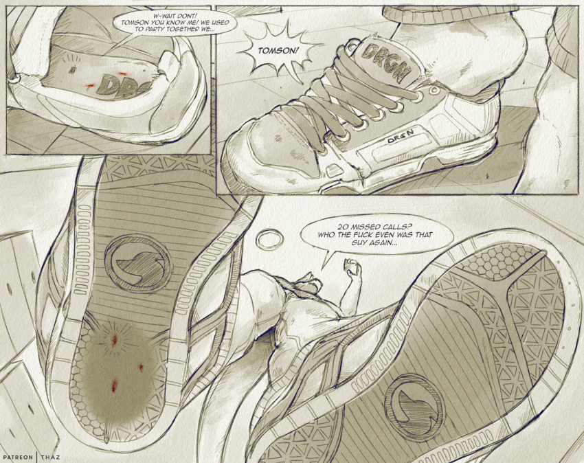 anthro clothing crush dialogue digital_media_(artwork) dominant dominant_male dragon english_text feet first_person_view footwear gore insole looming macro male micro shoes shrinking size_transformation sketch sneakers solo speech_bubble text thaz_(artist) tomson transformation underfoot