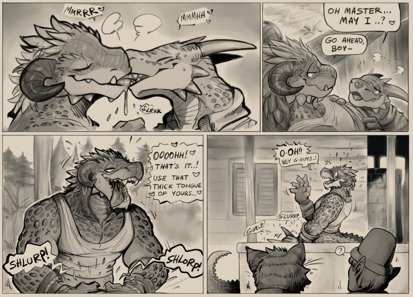 &lt;3 2021 2_horns 5_fingers ? anthro anthro_on_anthro anthro_penetrated anthro_penetrating anthro_penetrating_anthro argonian armor being_watched bethesda_softworks bodily_fluids bottomless breath caught claws clothed clothing comic curled_horns daftpatriot dialogue dominant dominant_male drooling duo duo_focus elf eyes_closed felid finger_claws fingers french_kissing gagging gauntlets gloves greyscale group handwear hi_res horn humanoid implied_oral intraspecies khajiit kissing looking_at_another looking_pleasured male male/male male_penetrated male_penetrating male_penetrating_male mammal master monochrome onomatopoeia open_mouth out_of_frame outside penetration saliva saliva_string scalie sex shirt smile sound_effects speech_bubble stealth_sex submissive submissive_male surprise sweat tank_top text the_elder_scrolls tongue tongue_out topwear video_games white_clothing white_shirt white_tank_top white_topwear